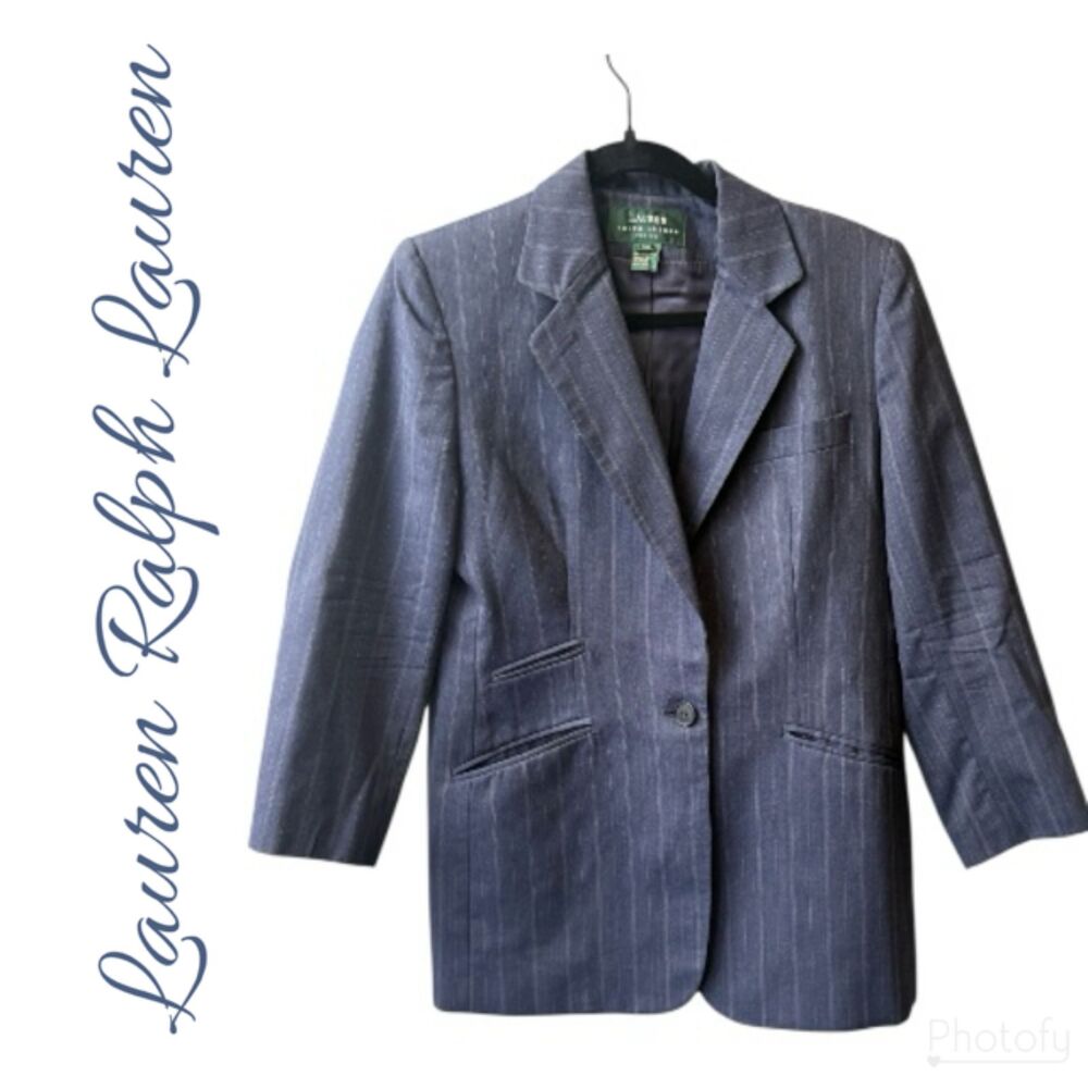 Lauren‎ Ralph Lauren Wool Blazer Jacket 10P Petite Navy Blue Pinstripe Office